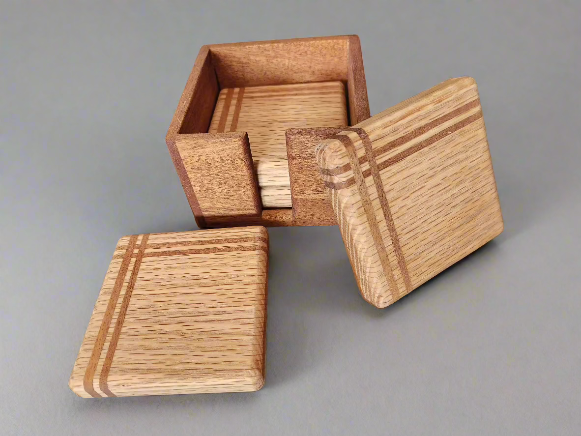 Oak & Mahogany coasters with mahogany storage box